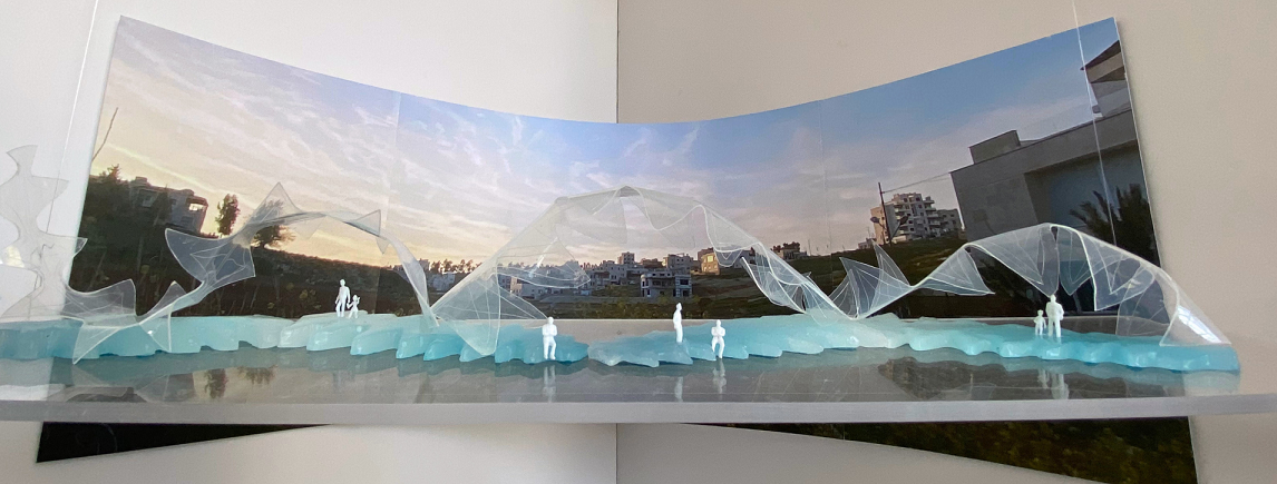 “Biophilic” is an architectural piece that encompasses the primary elements of Biophilic design.  The elements include: water, plant and light. The platform component mimics the look and flow of water.   The curved structures derive from the soft movement of ferns slowly curing in the wind. The presence of water stimulates and encourages relaxation and calmness